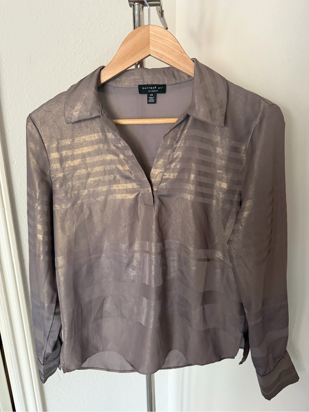 Current Air Metallic Taupe Sheer Stripe V-Neck Blouse